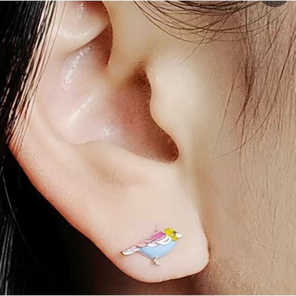 Tiny Bird Earrings Enamel Painted Pastel Colors Dainty - Picture 4 of 6